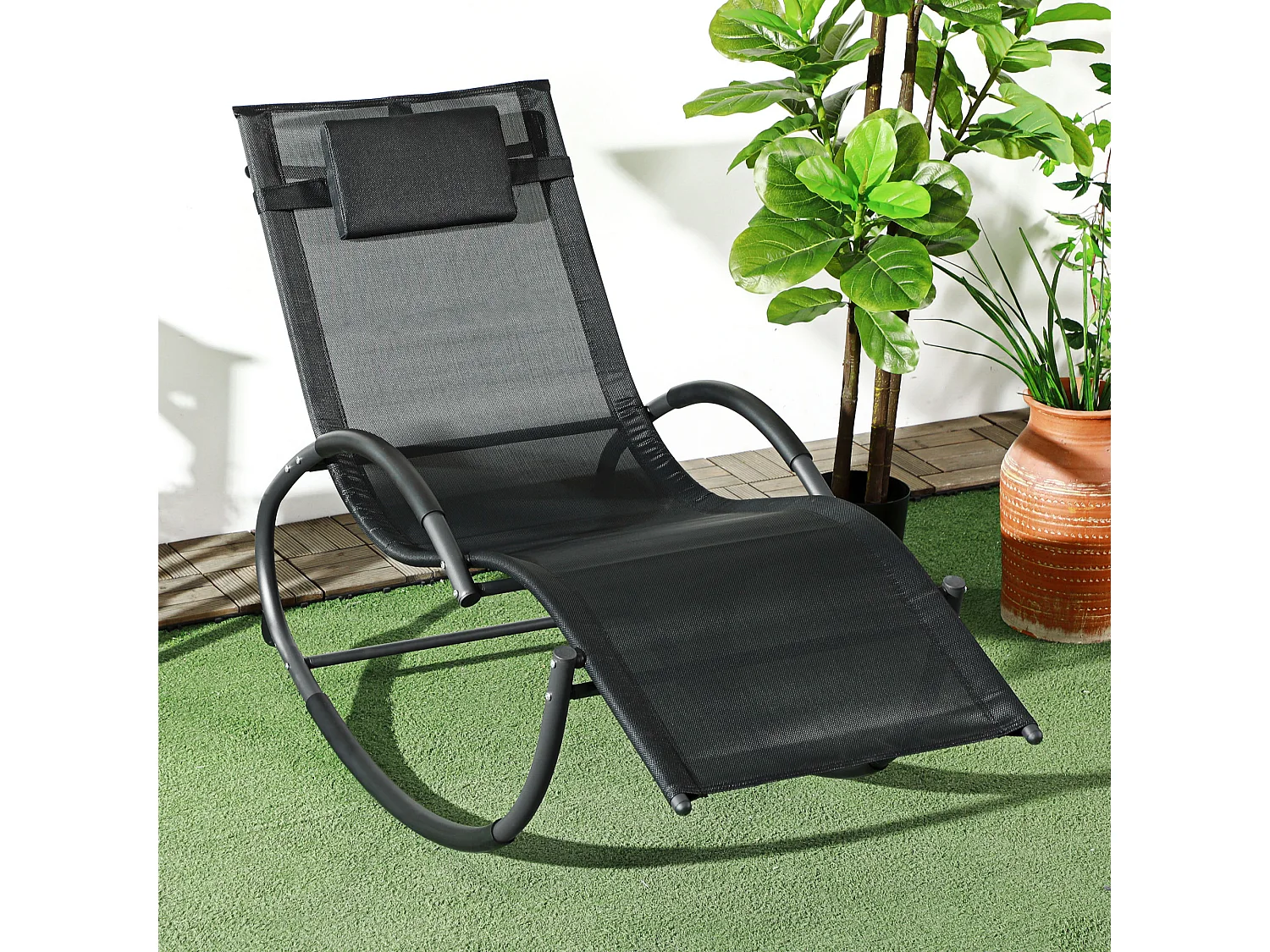 Chaise longue à bascule rocking chair design contemporain métal textilène noir