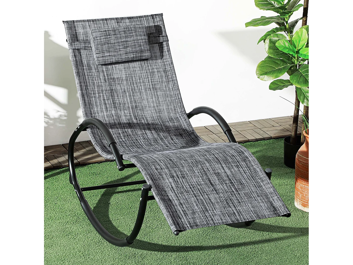 Chaise longue à bascule rocking chair design contemporain métal textilène gris chiné
