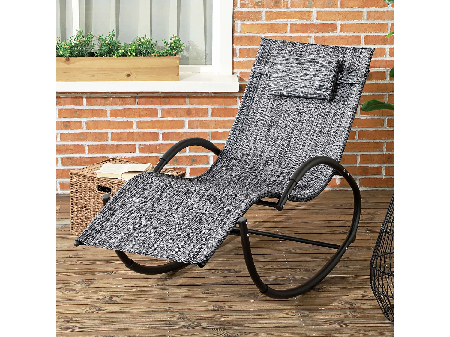 Chaise longue à bascule rocking chair design contemporain métal textilène gris chiné