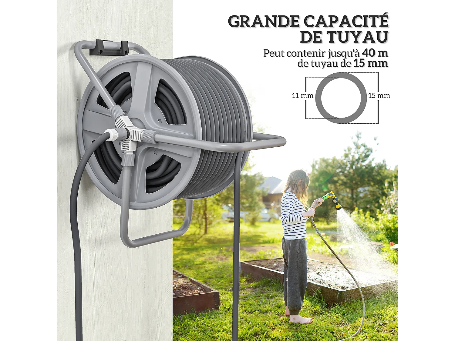 Dévidoir sur pied ou mural - enrouleur tuyau 40 m - support mural intégré - gris