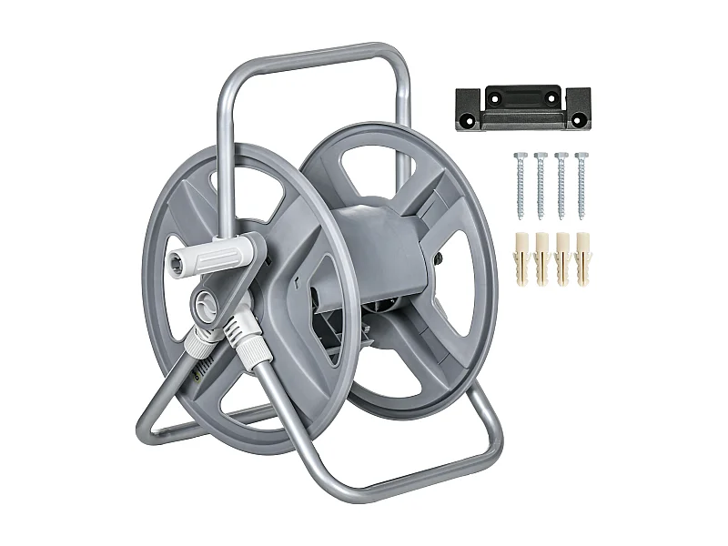 Dévidoir sur pied ou mural - enrouleur tuyau 40 m - support mural intégré - gris