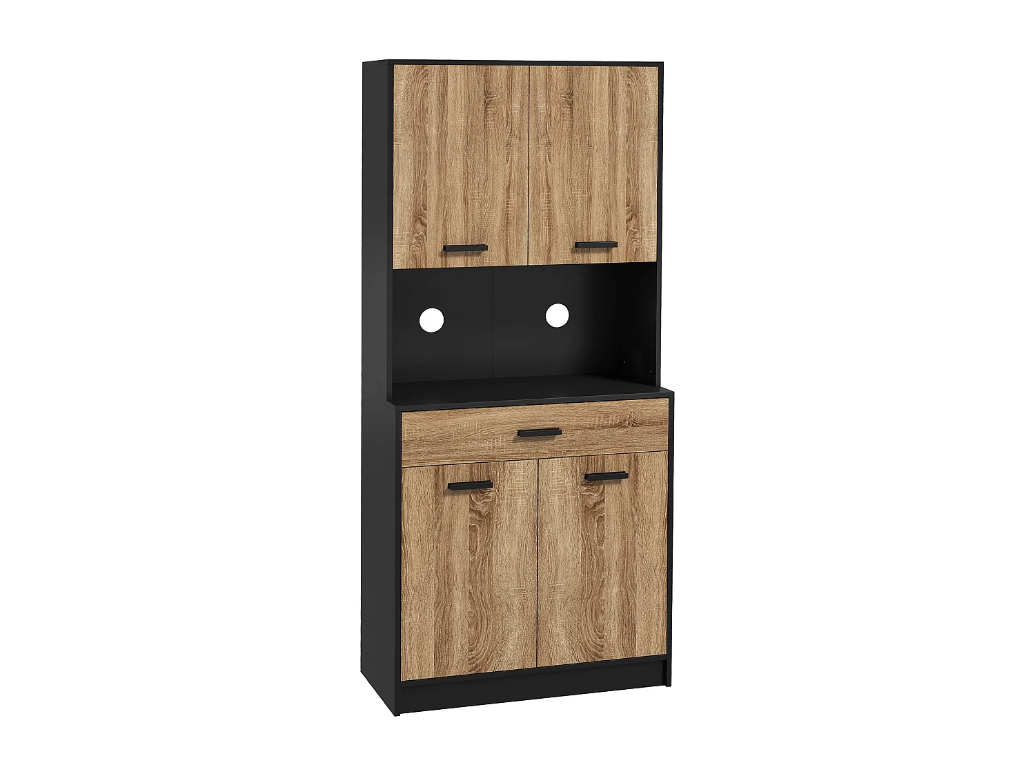 Buffet haut style industriel - 4 portes, 2 étagères, tiroir, niche - panneaux noir aspect chêne clair