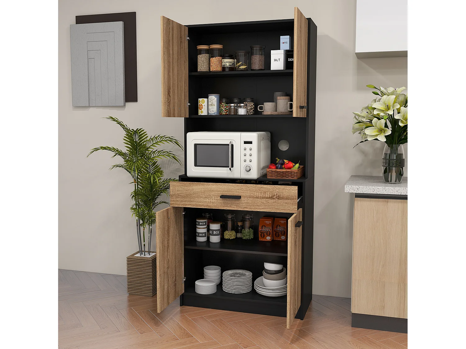 Buffet haut style industriel - 4 portes, 2 étagères, tiroir, niche - panneaux noir aspect chêne clair