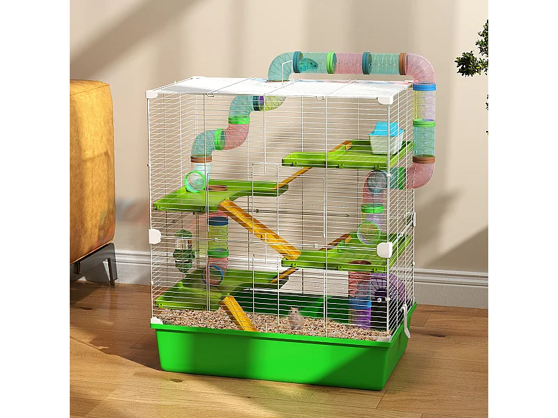Grande cage à hamsters 5 niveaux - tunnels, abreuvoir, roue, maisonnette, échelles - dim. 59L x 36l x 69H cm - métal PP vert
