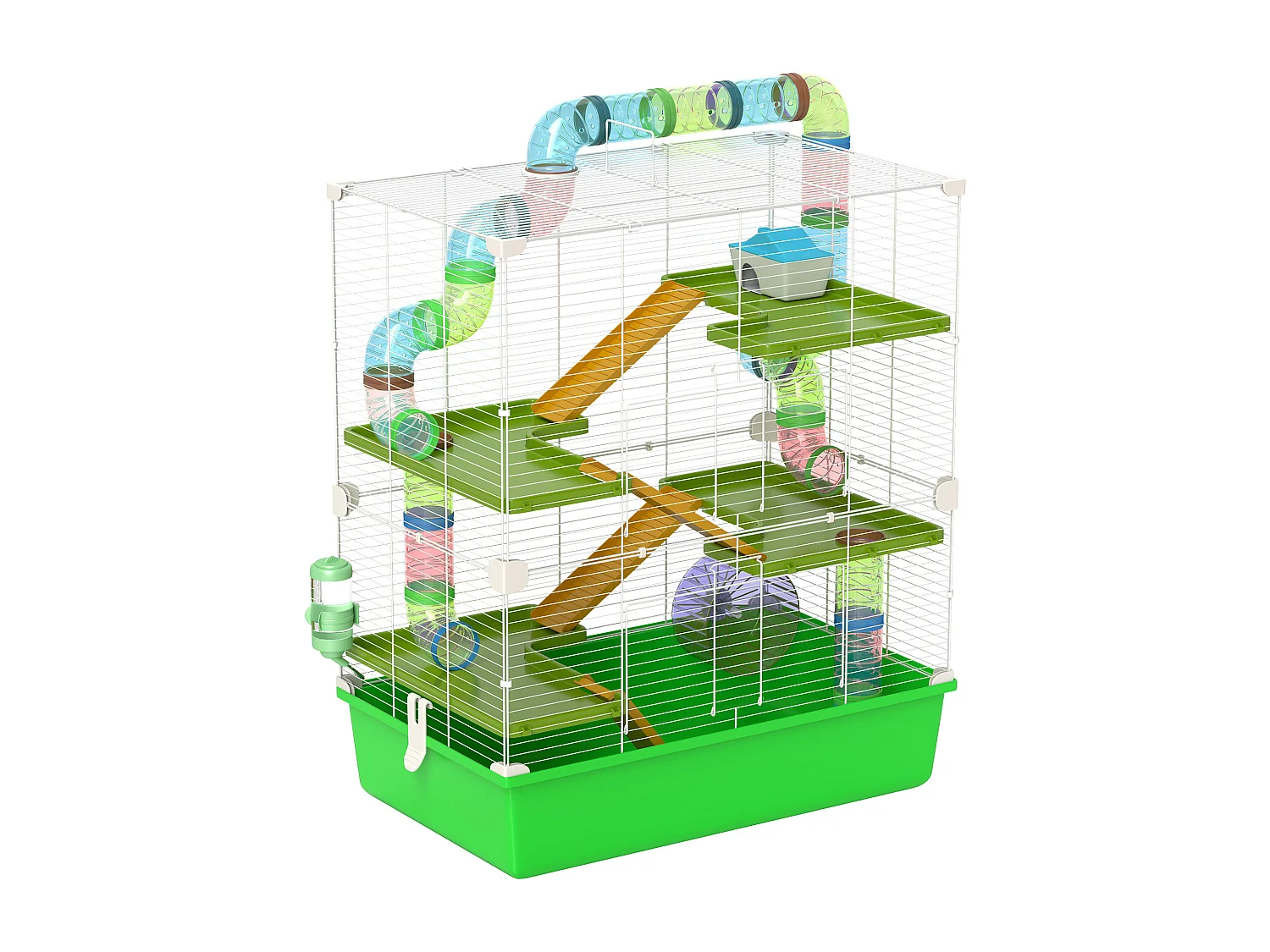 Grande cage à hamsters 5 niveaux - tunnels, abreuvoir, roue, maisonnette, échelles - dim. 59L x 36l x 69H cm - métal PP vert