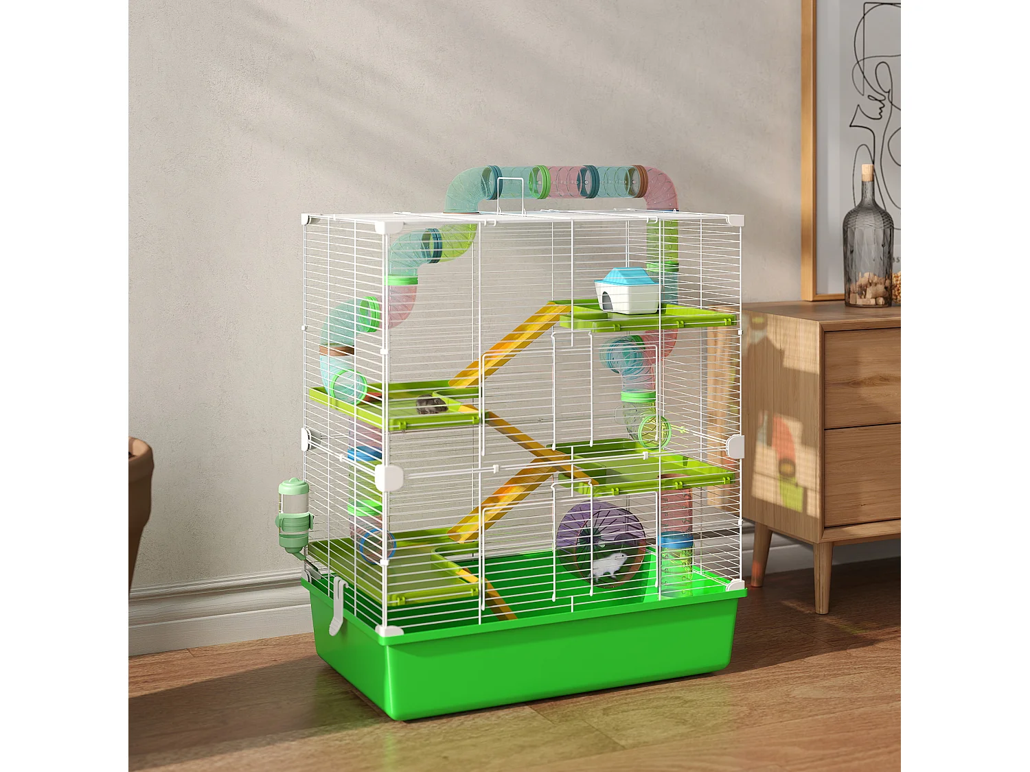 Grande cage à hamsters 5 niveaux - tunnels, abreuvoir, roue, maisonnette, échelles - dim. 59L x 36l x 69H cm - métal PP vert