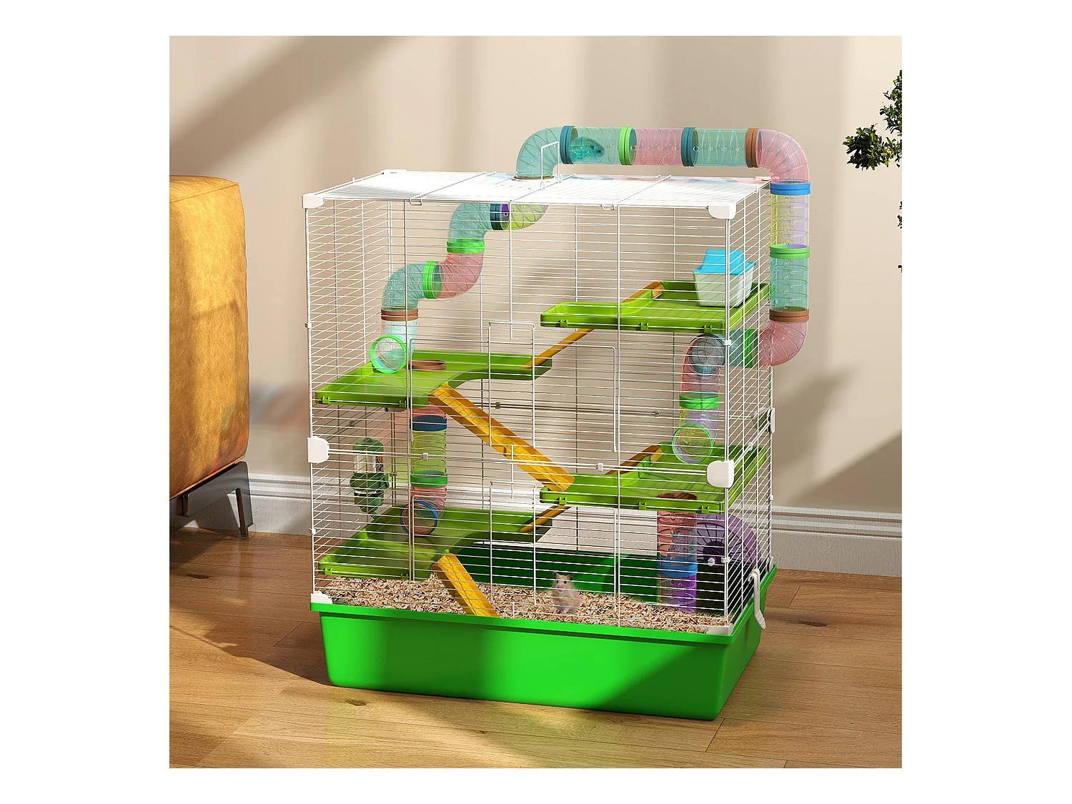 Grande cage à hamsters 5 niveaux - tunnels, abreuvoir, roue, maisonnette, échelles - dim. 59L x 36l x 69H cm - métal PP vert