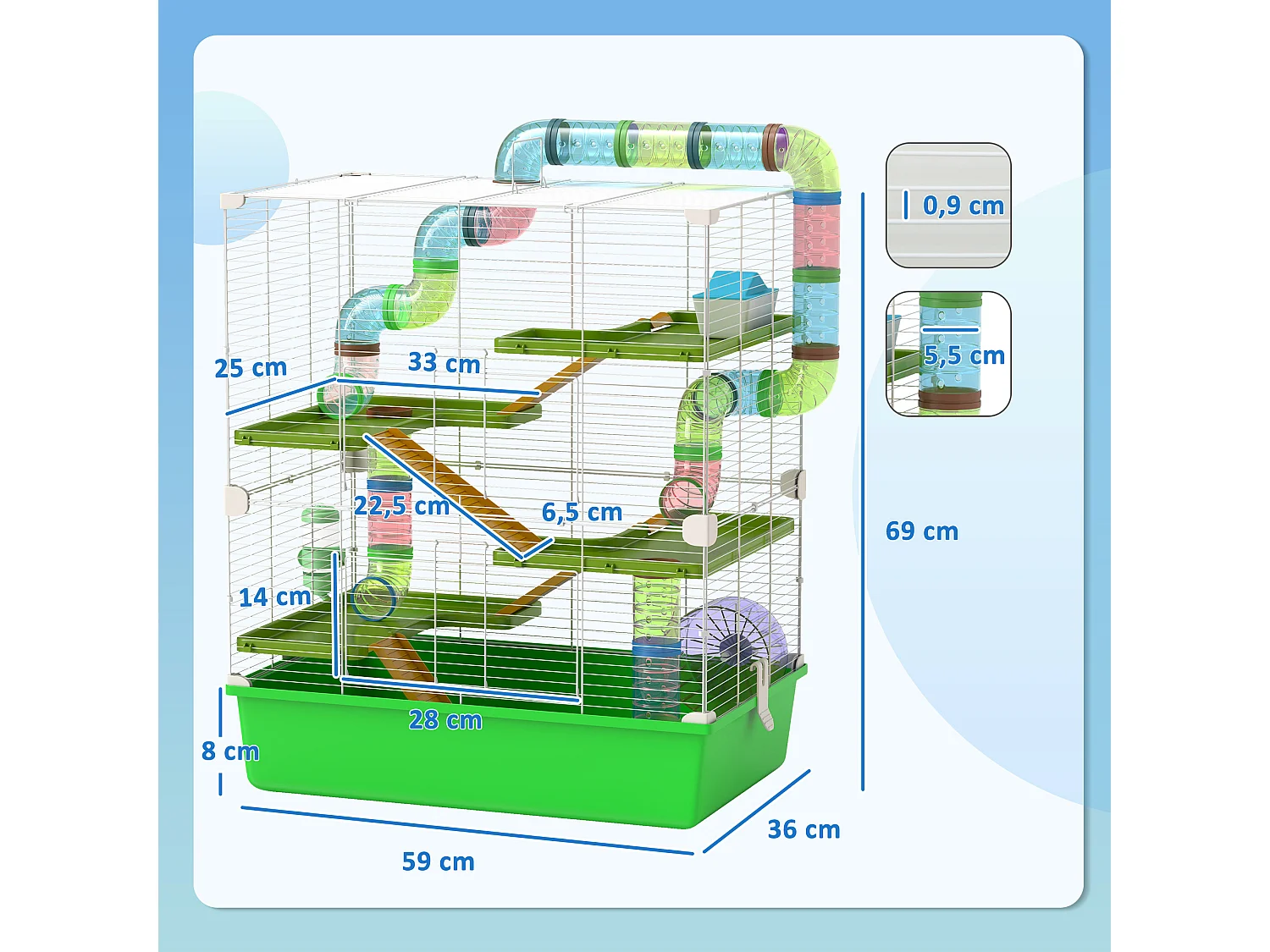 Grande cage à hamsters 5 niveaux - tunnels, abreuvoir, roue, maisonnette, échelles - dim. 59L x 36l x 69H cm - métal PP vert