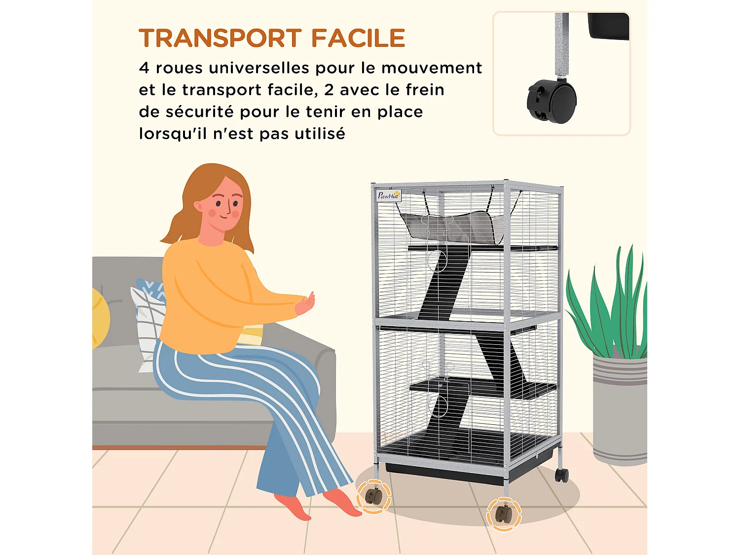 Cage pour petits animaux portable avec 2 portes hamac métal PP 52 x 52 x 113,5 cm blanc