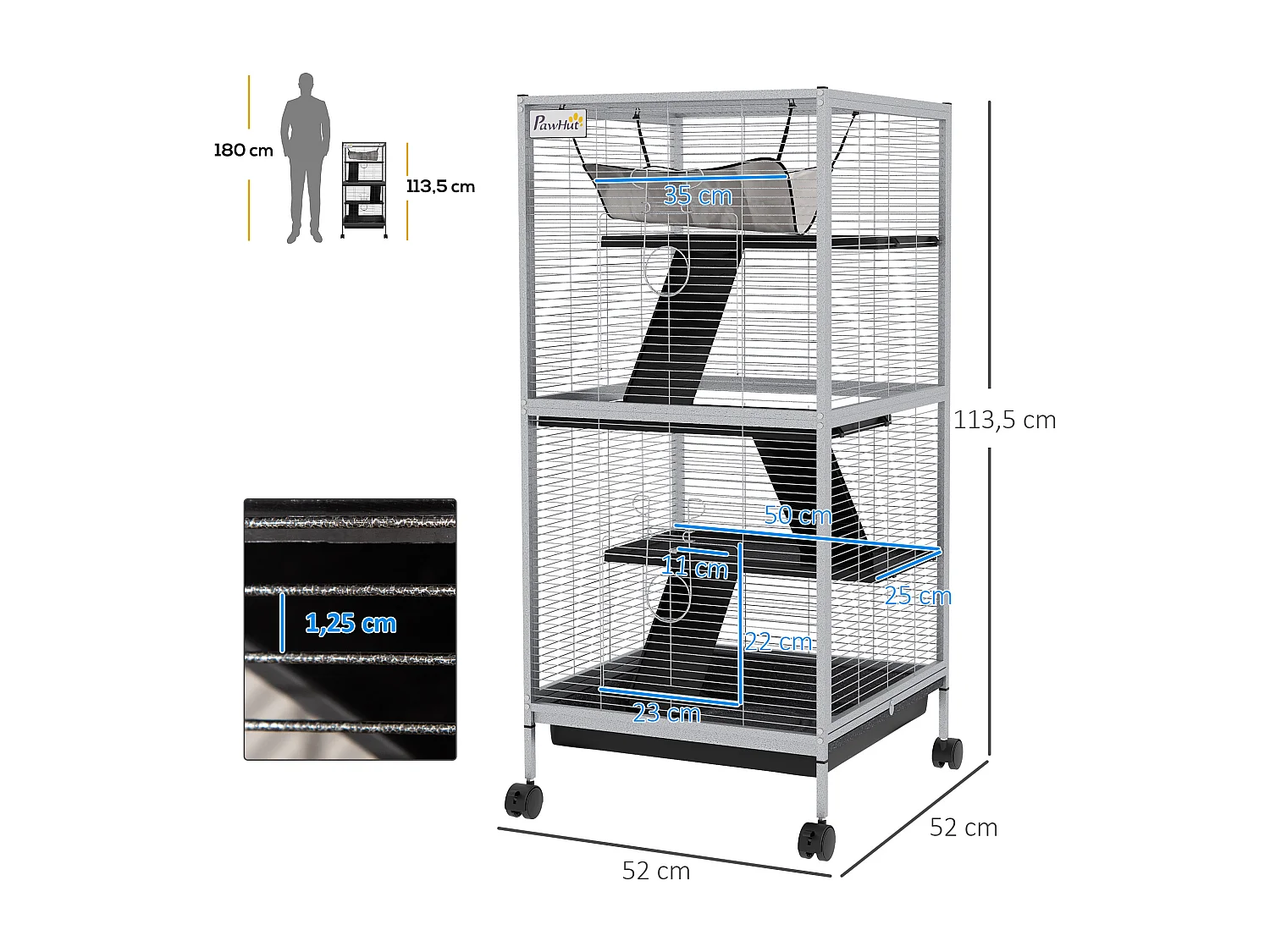 Cage pour petits animaux portable avec 2 portes hamac métal PP 52 x 52 x 113,5 cm blanc