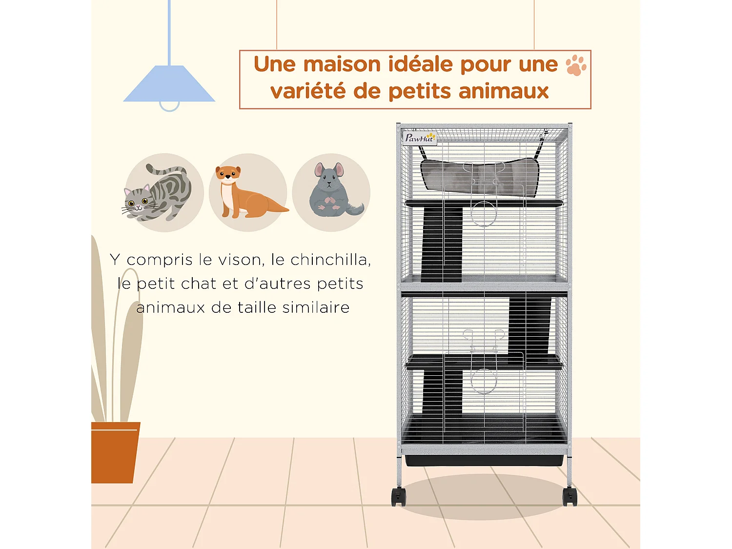 Cage pour petits animaux portable avec 2 portes hamac métal PP 52 x 52 x 113,5 cm blanc