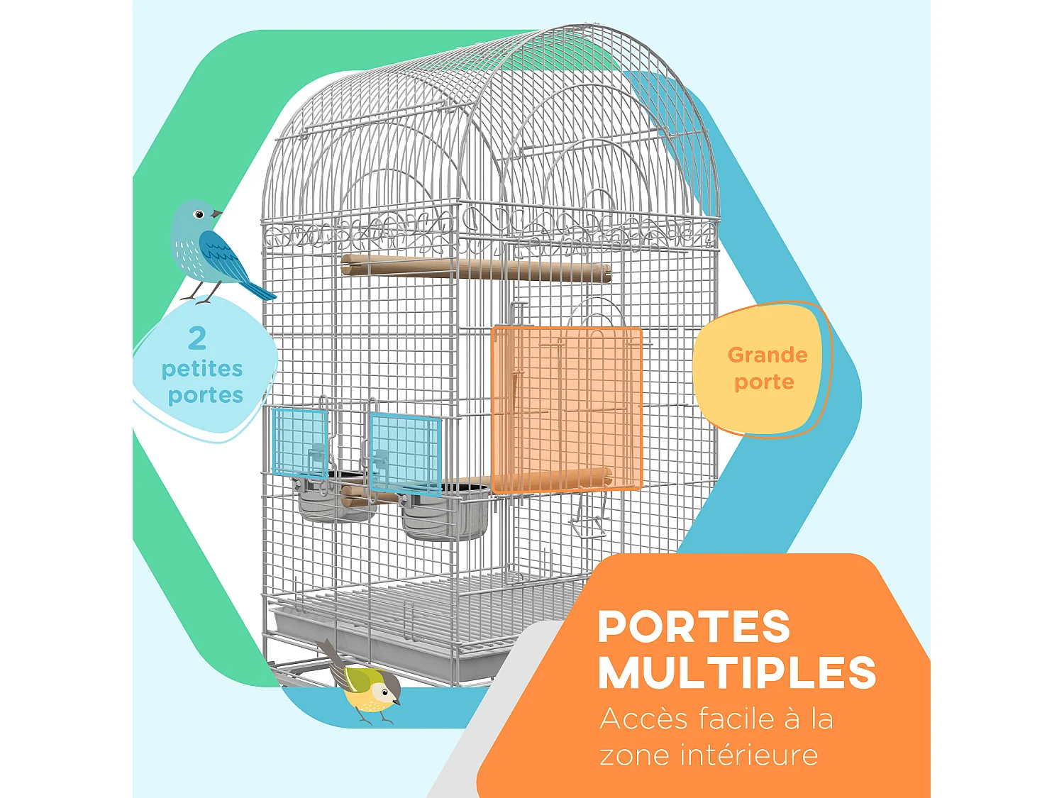 Cage à oiseaux volière sur roulettes - étagère, grille, plateau amovible, 2 bols acier inox, perchoir - acier blanc