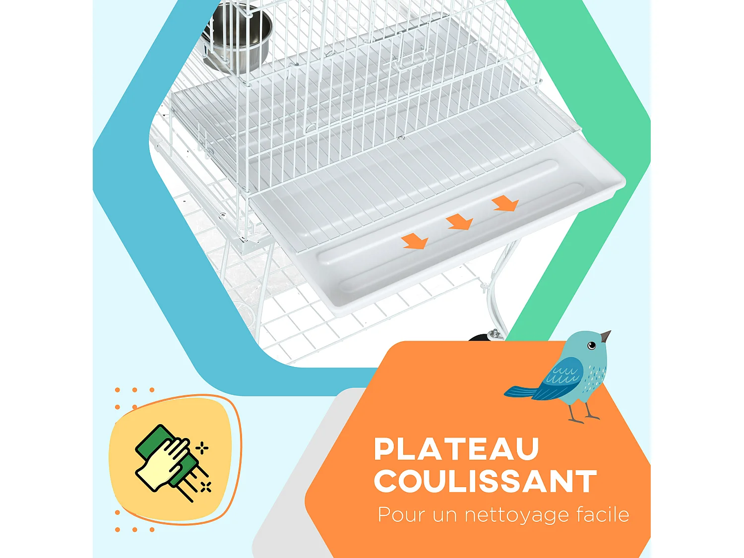 Cage à oiseaux volière sur roulettes - étagère, grille, plateau amovible, 2 bols acier inox, perchoir - acier blanc