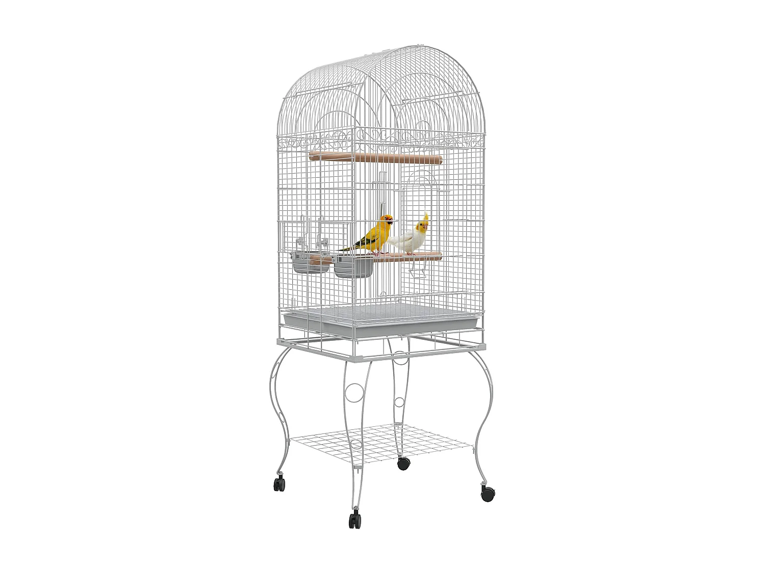 Cage à oiseaux volière sur roulettes - étagère, grille, plateau amovible, 2 bols acier inox, perchoir - acier blanc