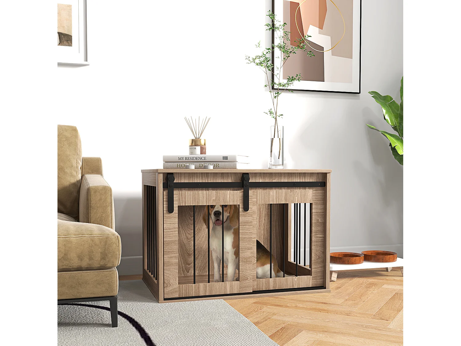 Cage pour chien animaux style indisutriel - porte coulissante verrouillable - acier noir panneaux aspect bois