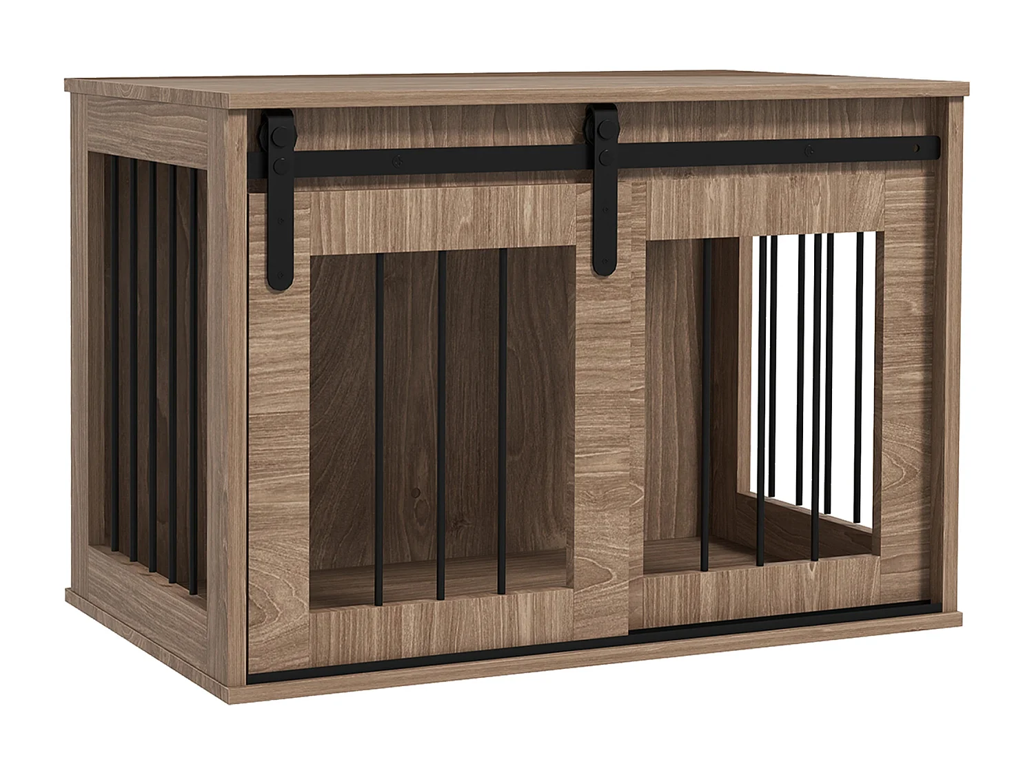 Cage pour chien animaux style indisutriel - porte coulissante verrouillable - acier noir panneaux aspect bois