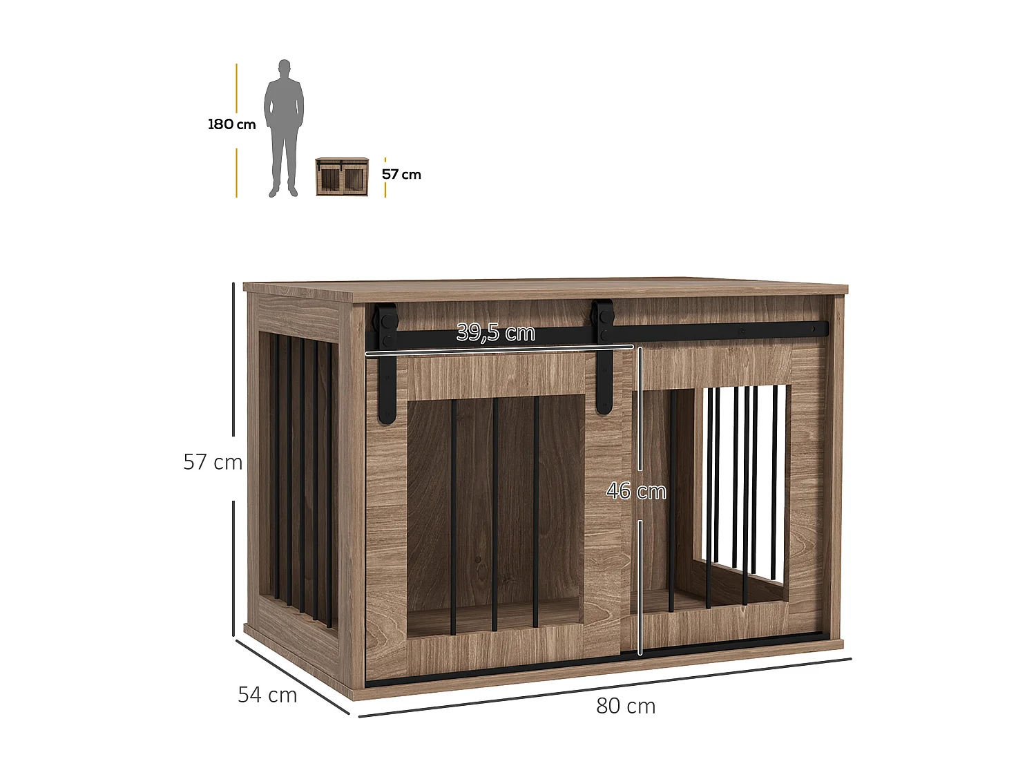 Cage pour chien animaux style indisutriel - porte coulissante verrouillable - acier noir panneaux aspect bois