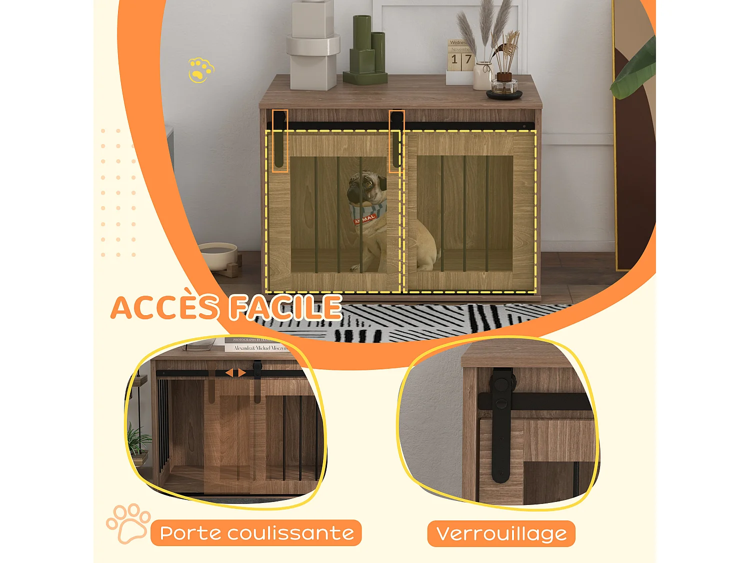 Cage pour chien animaux style indisutriel - porte coulissante verrouillable - acier noir panneaux aspect bois