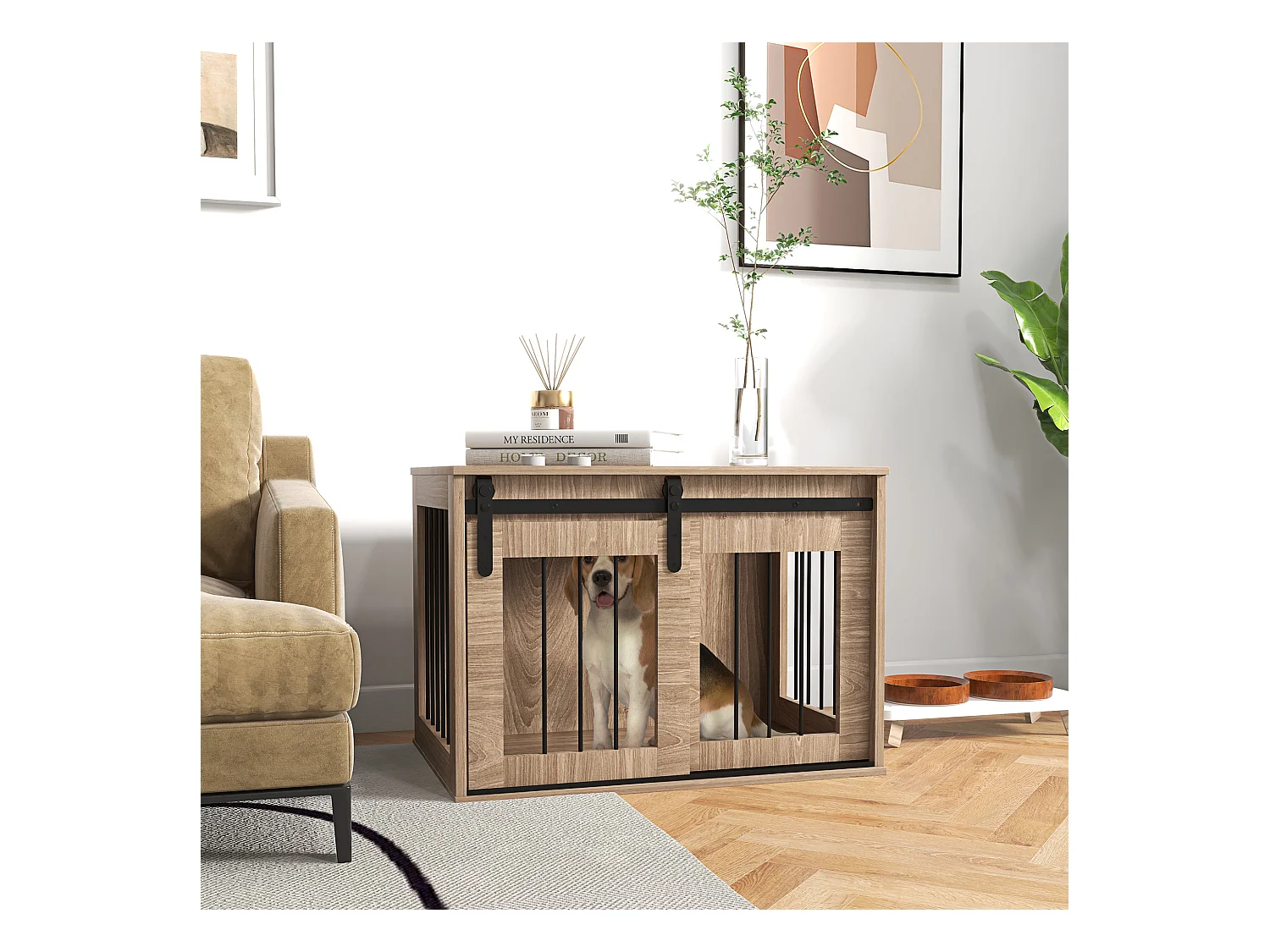 Cage pour chien animaux style indisutriel - porte coulissante verrouillable - acier noir panneaux aspect bois