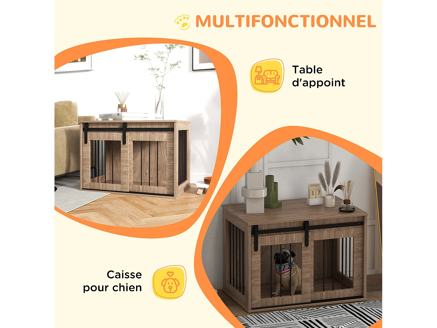 Cage pour chien animaux style indisutriel - porte coulissante verrouillable - acier noir panneaux aspect bois