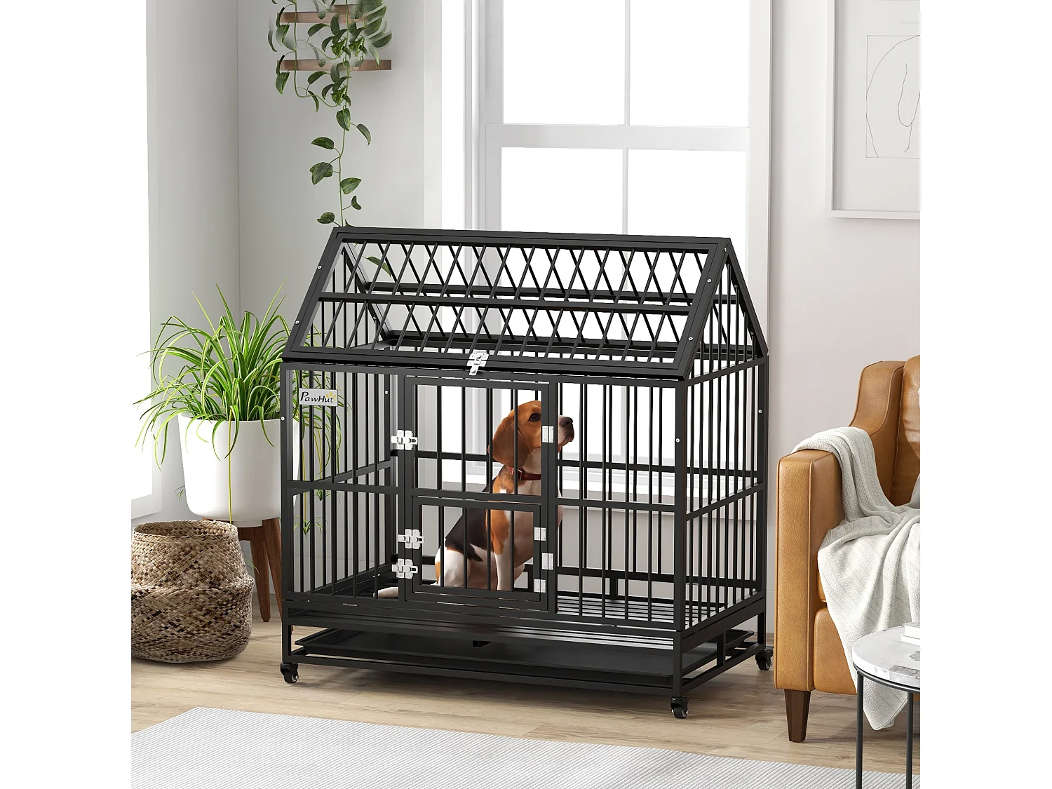 Cage chien grande taille sur roulettes - 2 portes verrouillables, plateau amovible - acier noir