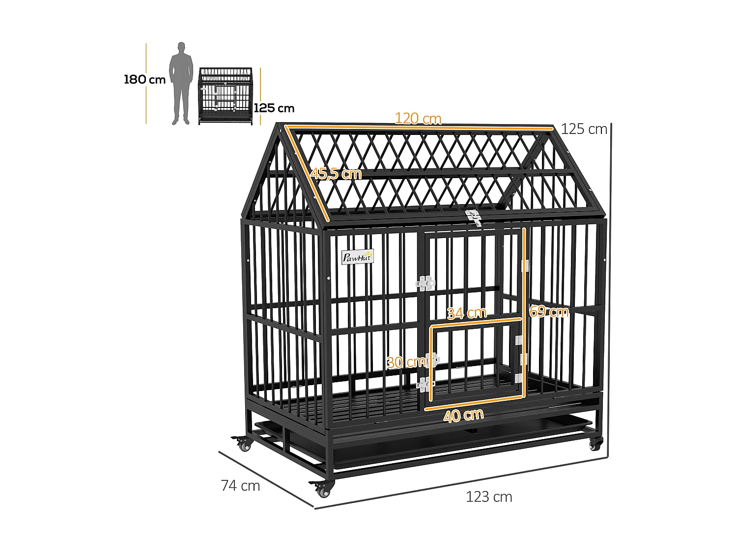 Cage chien grande taille sur roulettes - 2 portes verrouillables, plateau amovible - acier noir