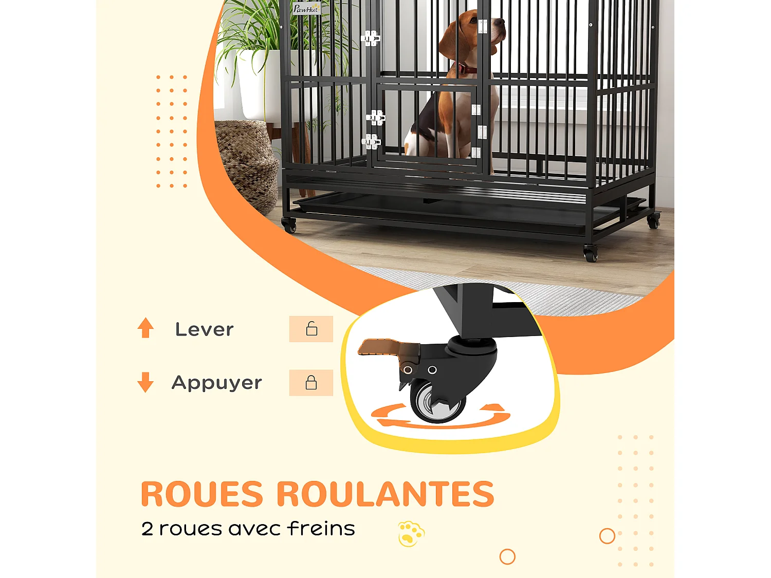 Cage chien grande taille sur roulettes - 2 portes verrouillables, plateau amovible - acier noir
