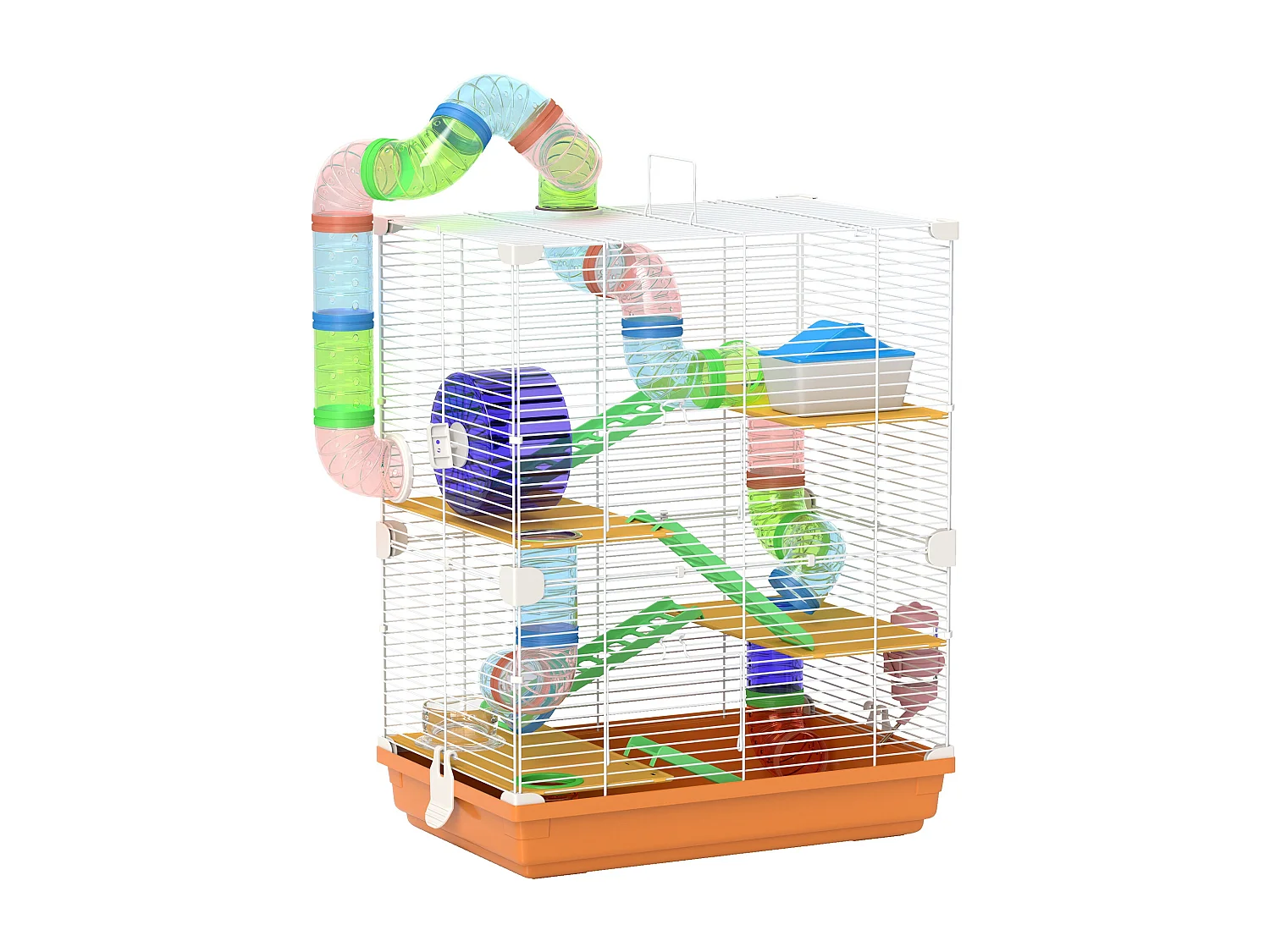 Cage pour hamster souris rongeur 4 étages avec tunnels mangeoire roue maison échelles dim. 46L x 30l x 58H cm orange
