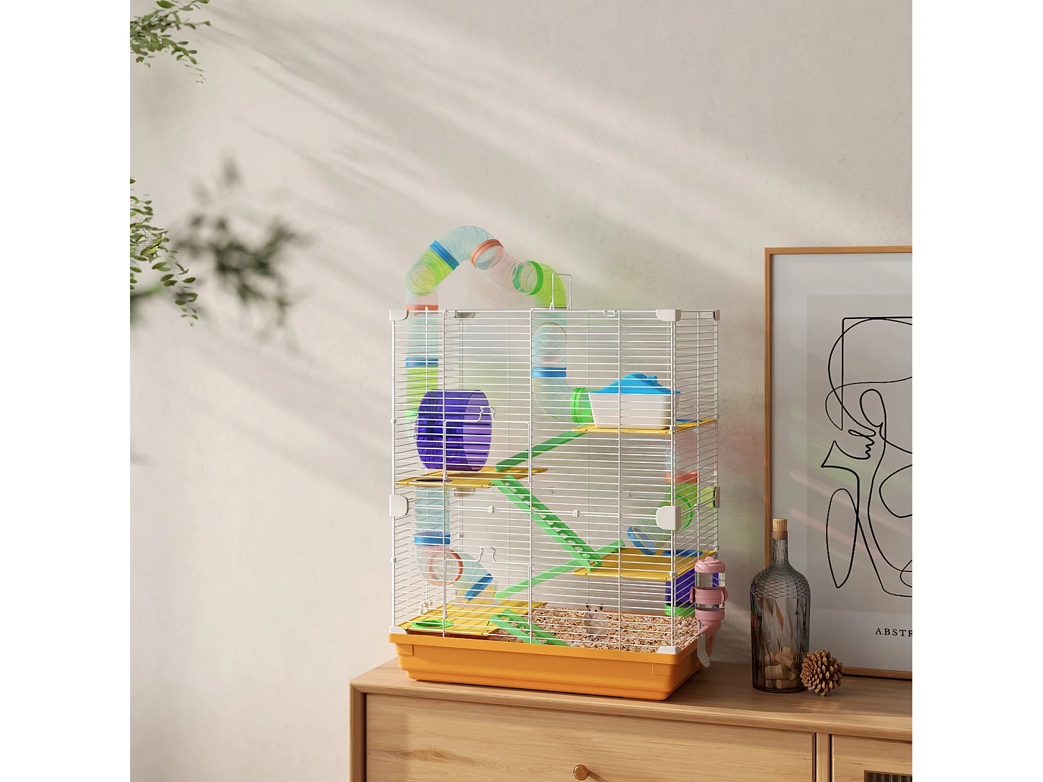 Cage pour hamster souris rongeur 4 étages avec tunnels mangeoire roue maison échelles dim. 46L x 30l x 58H cm orange