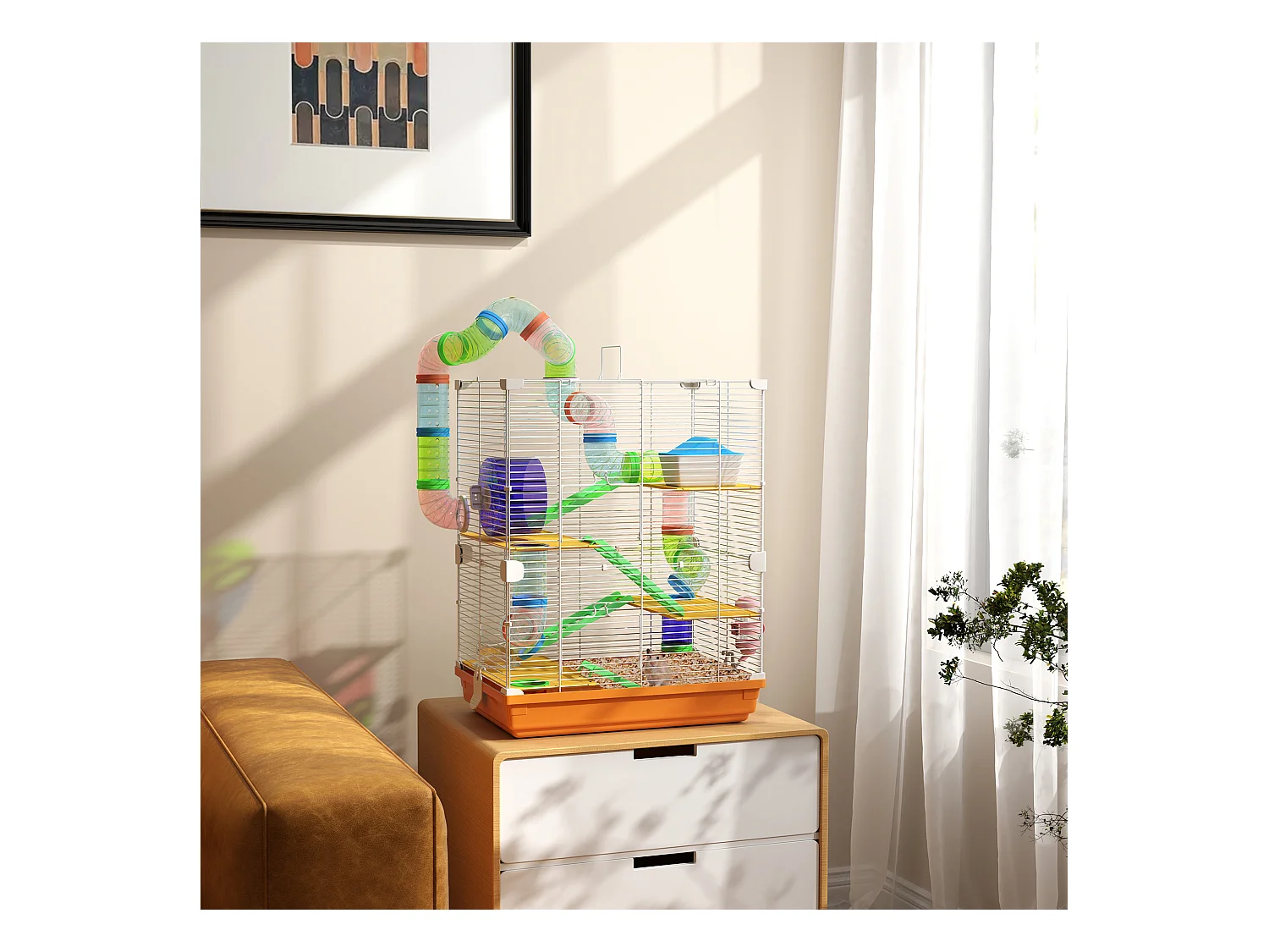 Cage pour hamster souris rongeur 4 étages avec tunnels mangeoire roue maison échelles dim. 46L x 30l x 58H cm orange