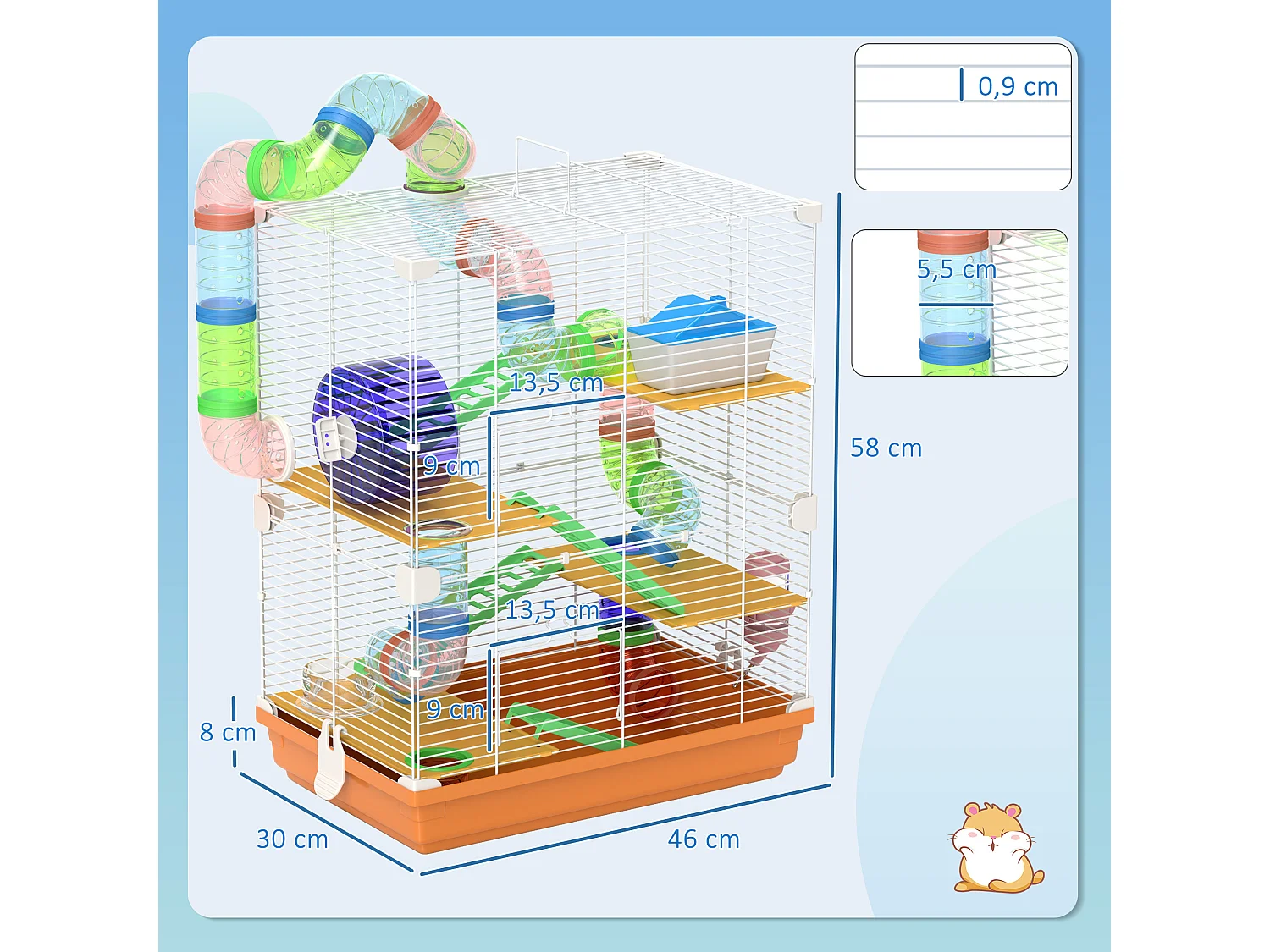 Cage pour hamster souris rongeur 4 étages avec tunnels mangeoire roue maison échelles dim. 46L x 30l x 58H cm orange