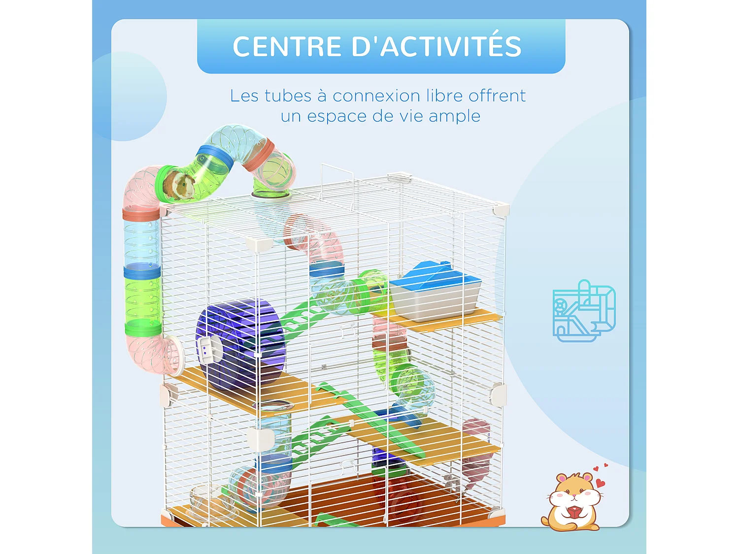 Cage pour hamster souris rongeur 4 étages avec tunnels mangeoire roue maison échelles dim. 46L x 30l x 58H cm orange