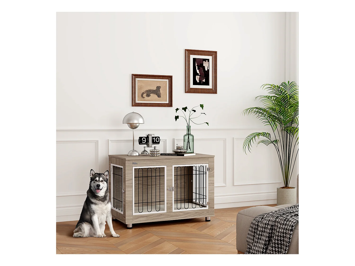 Cage pour chien sur pied - 2 portes verrouillables, coussin déhoussable inclus - acier filaire noir panneaux aspect bois brun