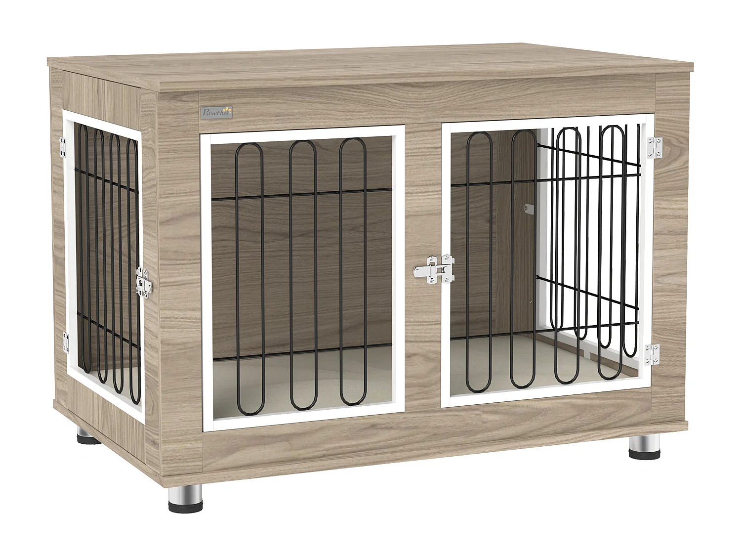 Cage pour chien sur pied - 2 portes verrouillables, coussin déhoussable inclus - acier filaire noir panneaux aspect bois brun