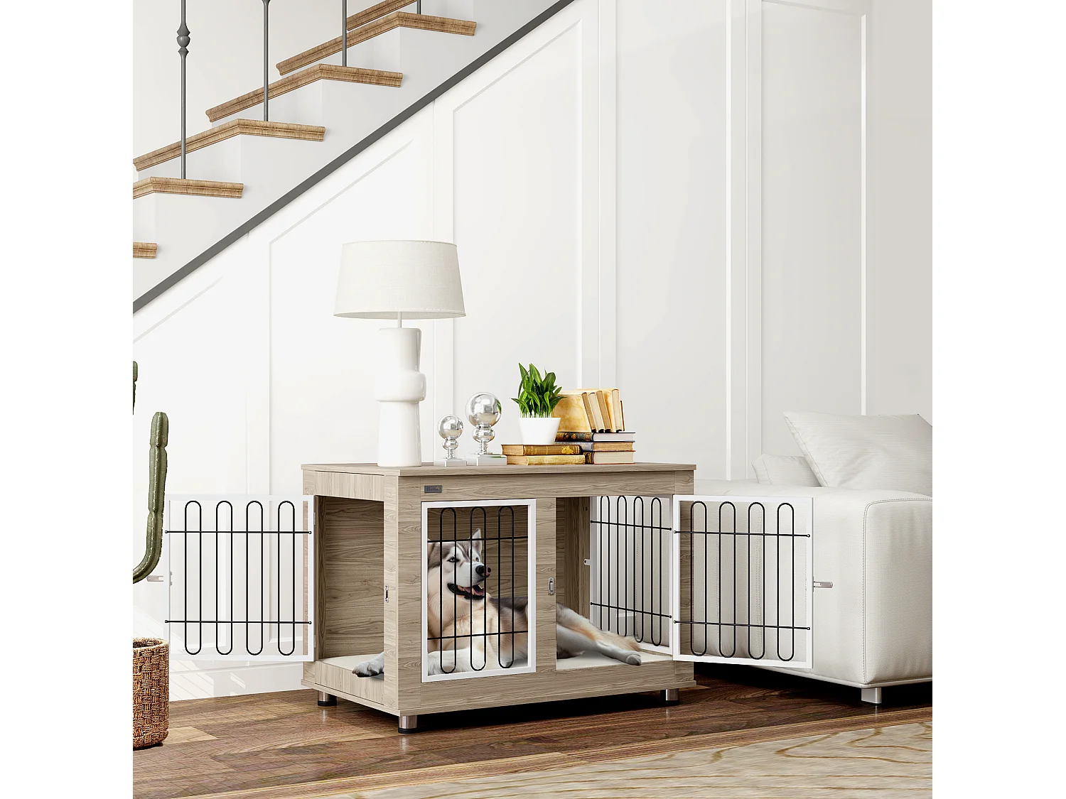 Cage pour chien sur pied - 2 portes verrouillables, coussin déhoussable inclus - acier filaire noir panneaux aspect bois brun