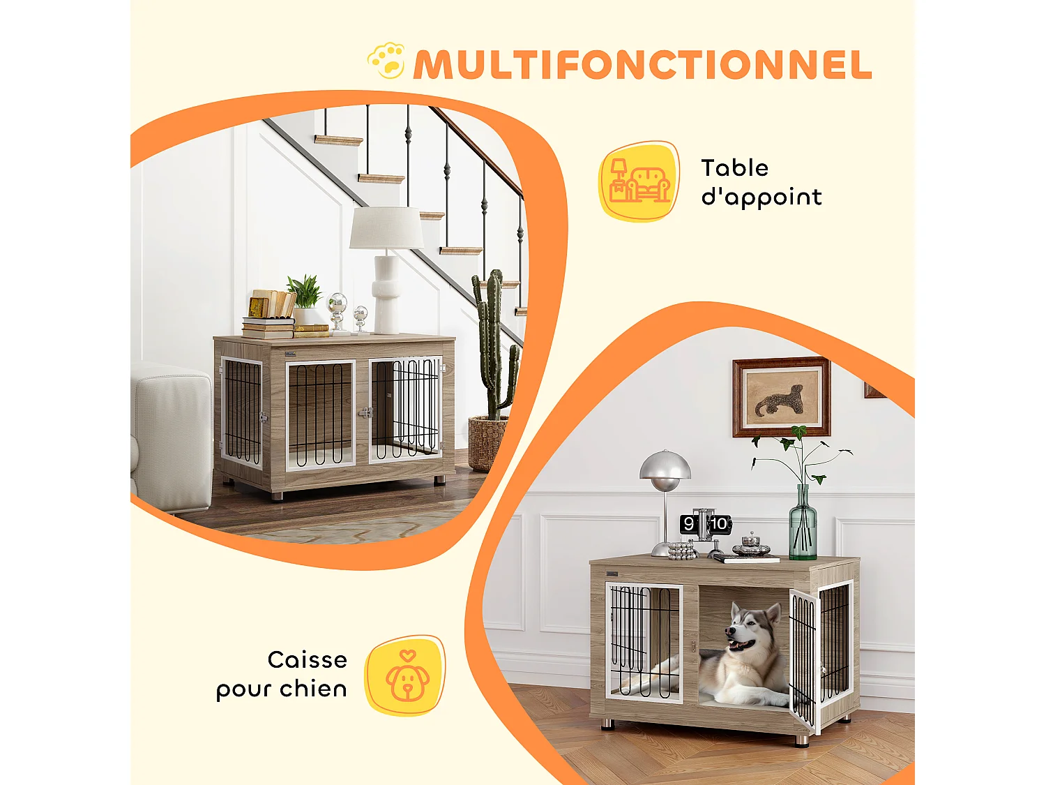 Cage pour chien sur pied - 2 portes verrouillables, coussin déhoussable inclus - acier filaire noir panneaux aspect bois brun