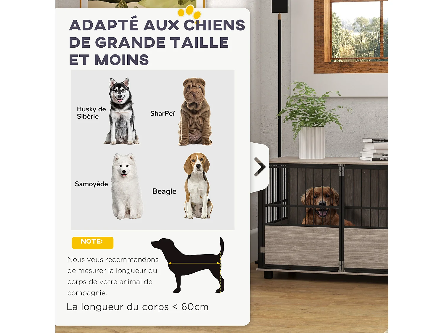 Cage pour chien animaux style industriel - porte coulissante verrouillable - acier noir panneaux aspect bois