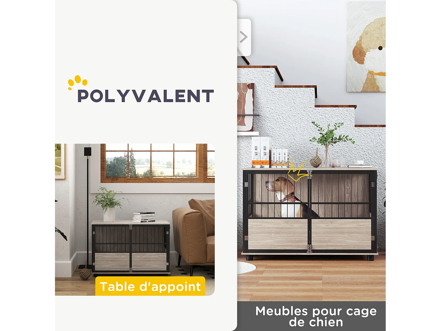 Cage pour chien animaux style industriel - porte coulissante verrouillable - acier noir panneaux aspect bois