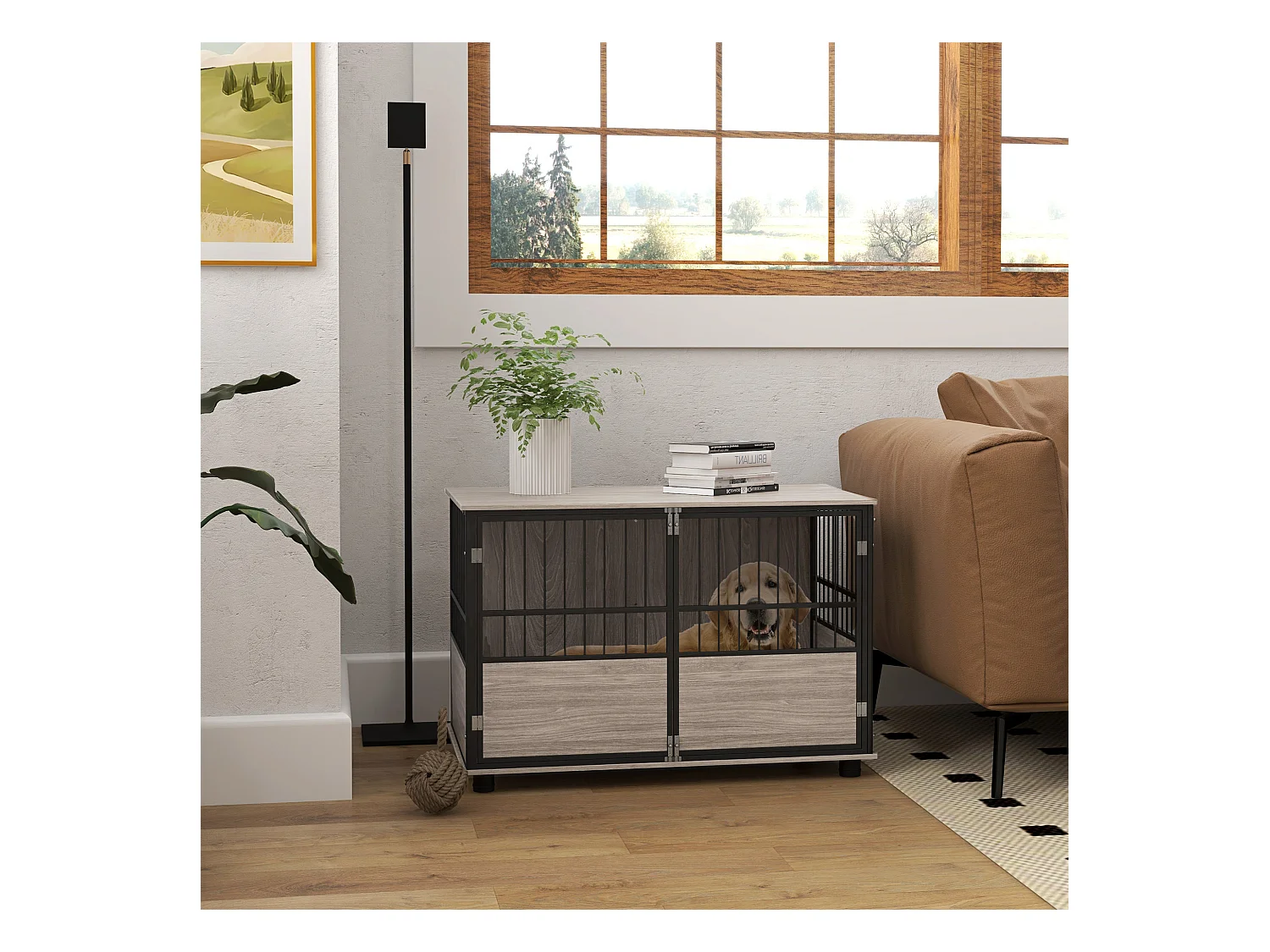 Cage pour chien animaux style industriel - porte coulissante verrouillable - acier noir panneaux aspect bois