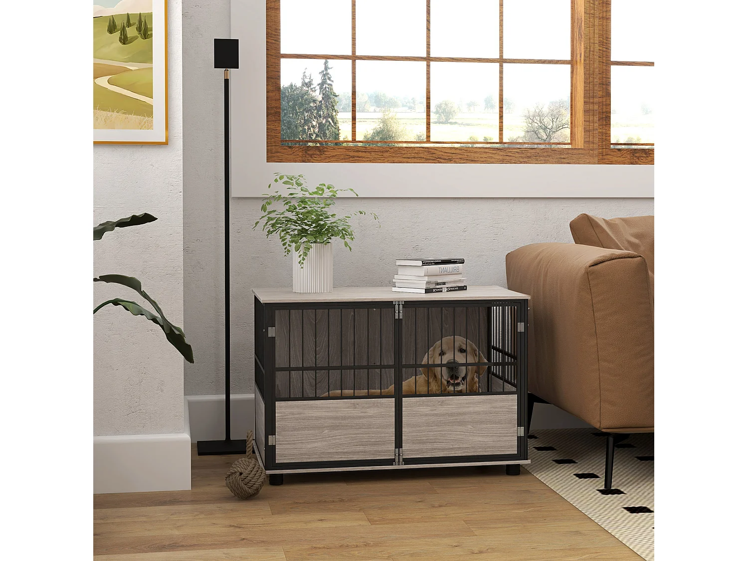 Cage pour chien animaux style industriel - porte coulissante verrouillable - acier noir panneaux aspect bois