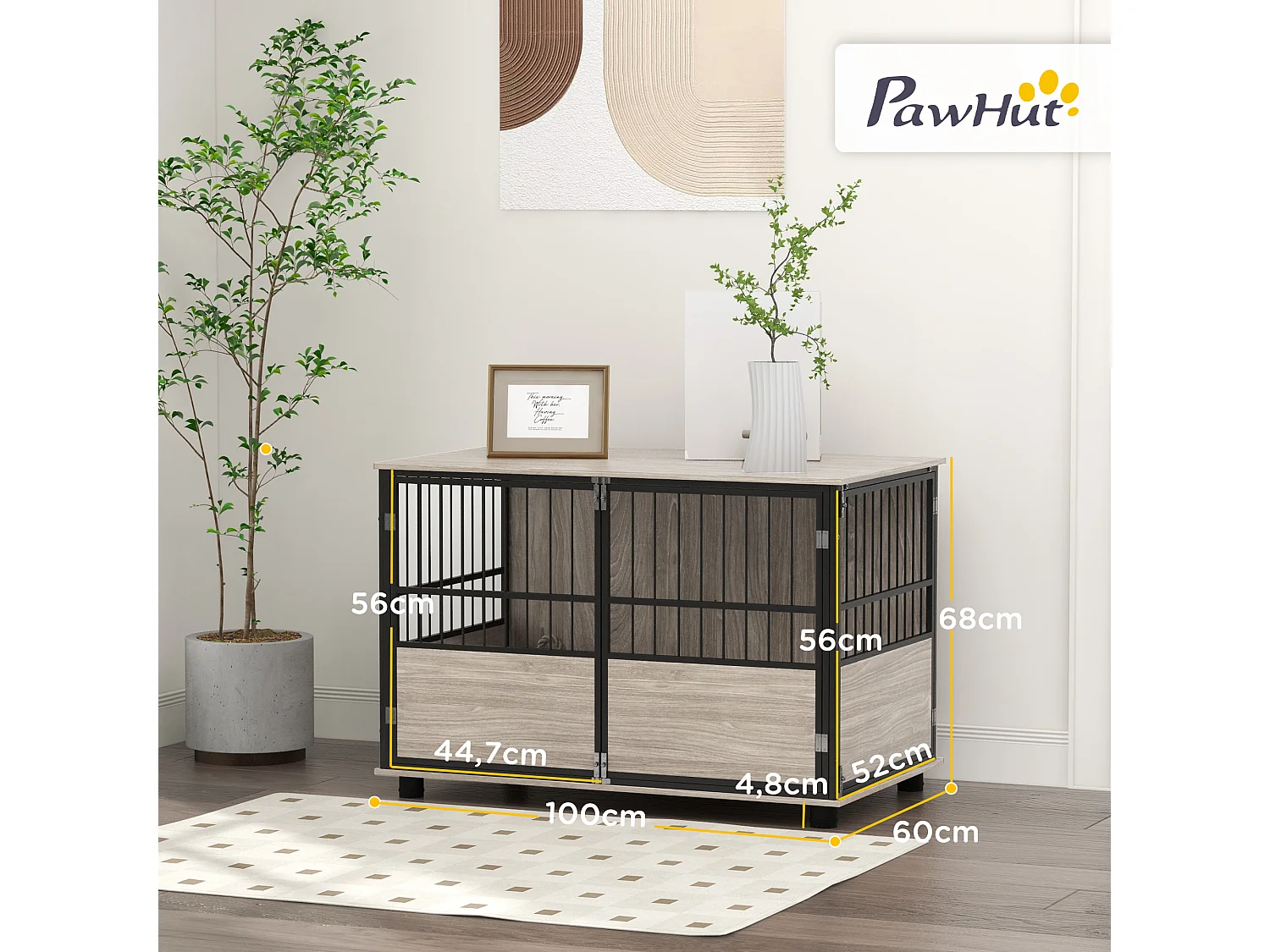 Cage pour chien animaux style industriel - porte coulissante verrouillable - acier noir panneaux aspect bois