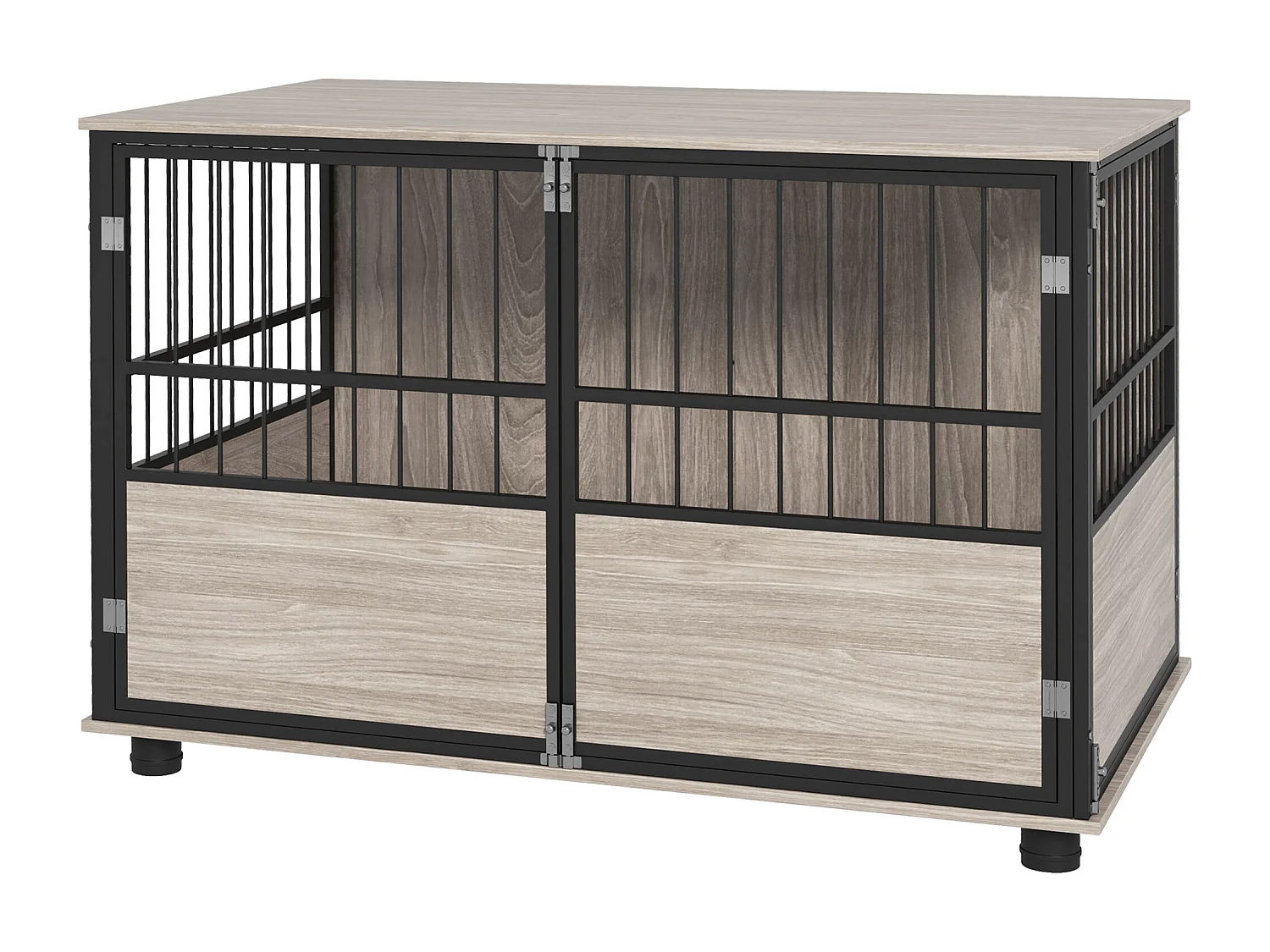 Cage pour chien animaux style industriel - porte coulissante verrouillable - acier noir panneaux aspect bois