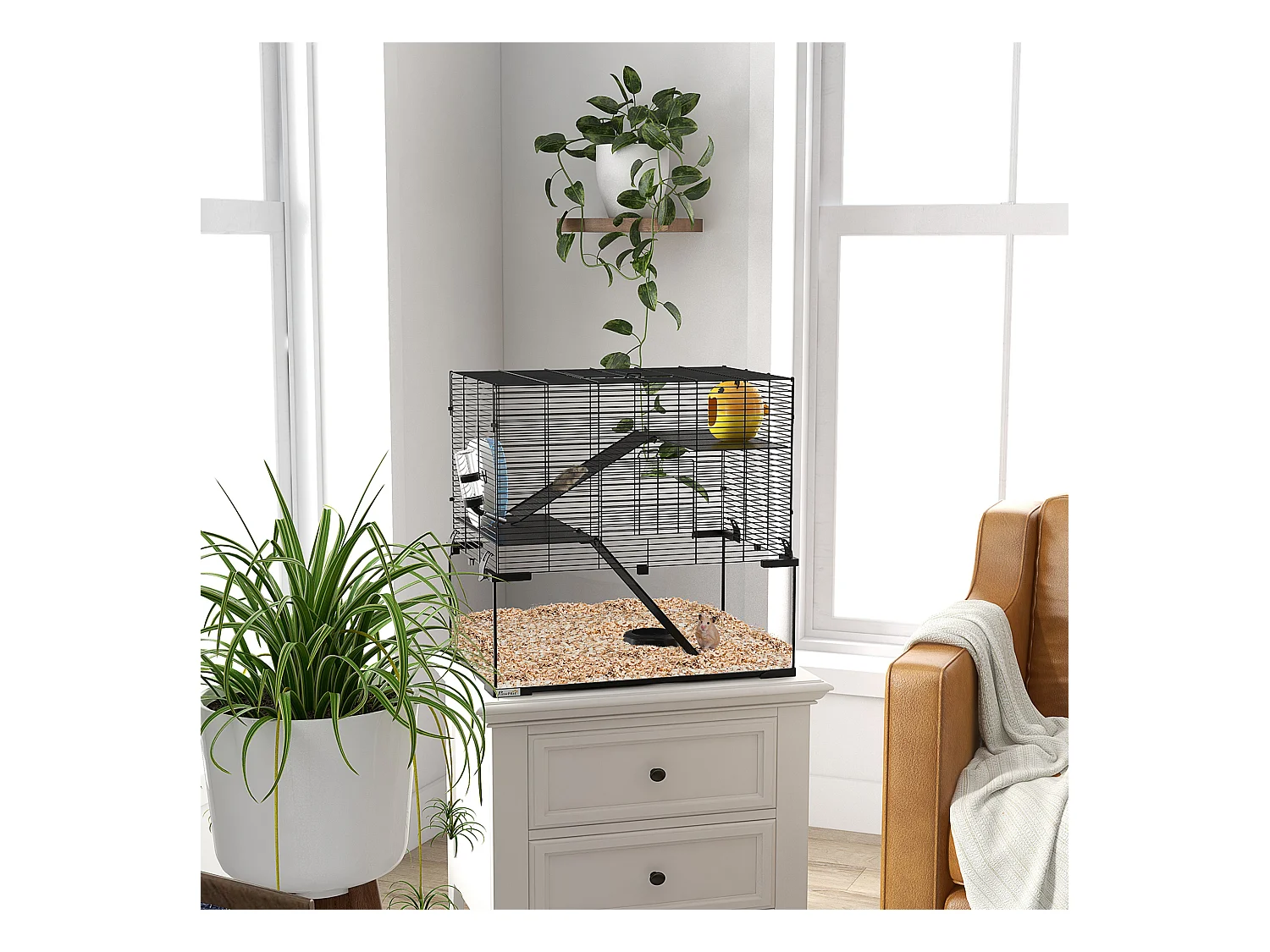 Cage rongeur hamster, 3 niveaux avec roue, rampes, maisonnette, abreuvoir, mangeoire, 60L x 40l x 57H cm, noir