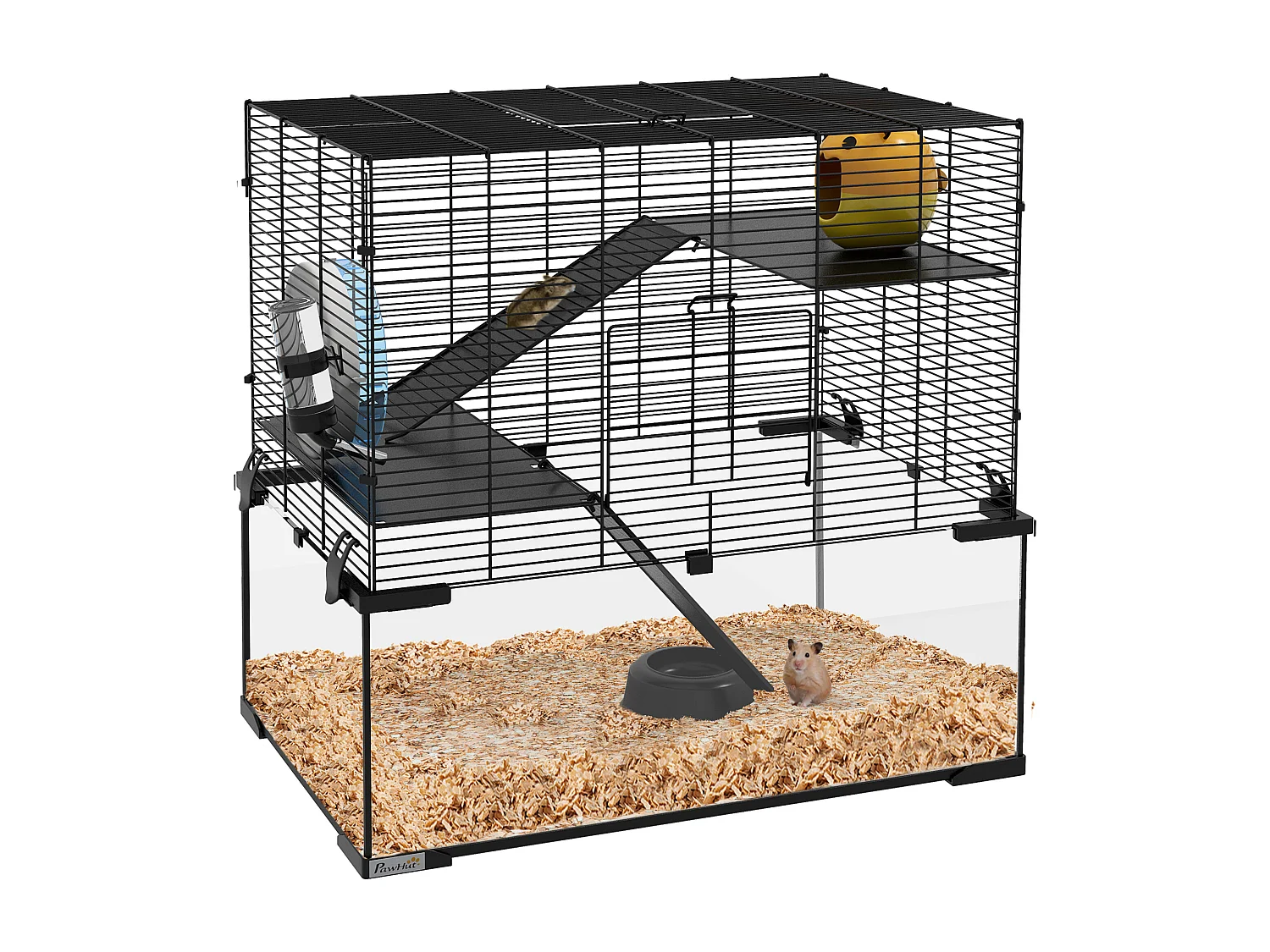 Cage rongeur hamster, 3 niveaux avec roue, rampes, maisonnette, abreuvoir, mangeoire, 60L x 40l x 57H cm, noir