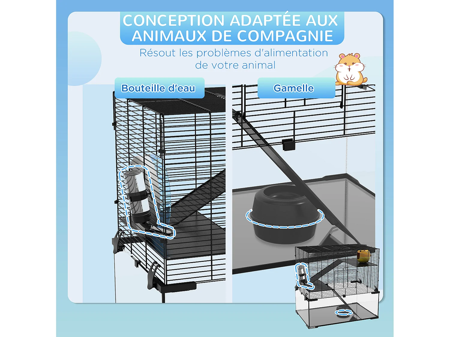 Cage rongeur hamster, 3 niveaux avec roue, rampes, maisonnette, abreuvoir, mangeoire, 60L x 40l x 57H cm, noir