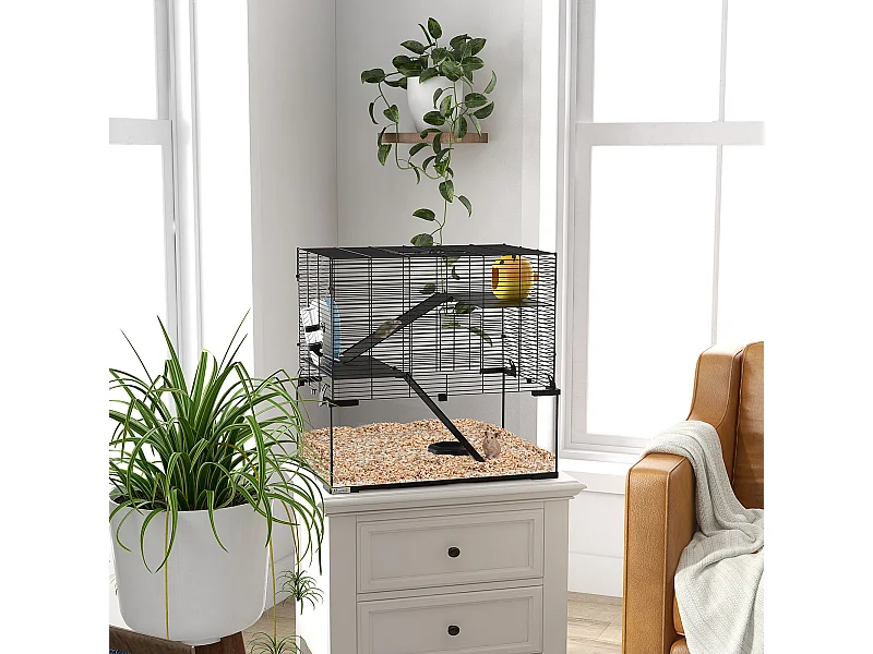 Cage rongeur hamster, 3 niveaux avec roue, rampes, maisonnette, abreuvoir, mangeoire, 60L x 40l x 57H cm, noir