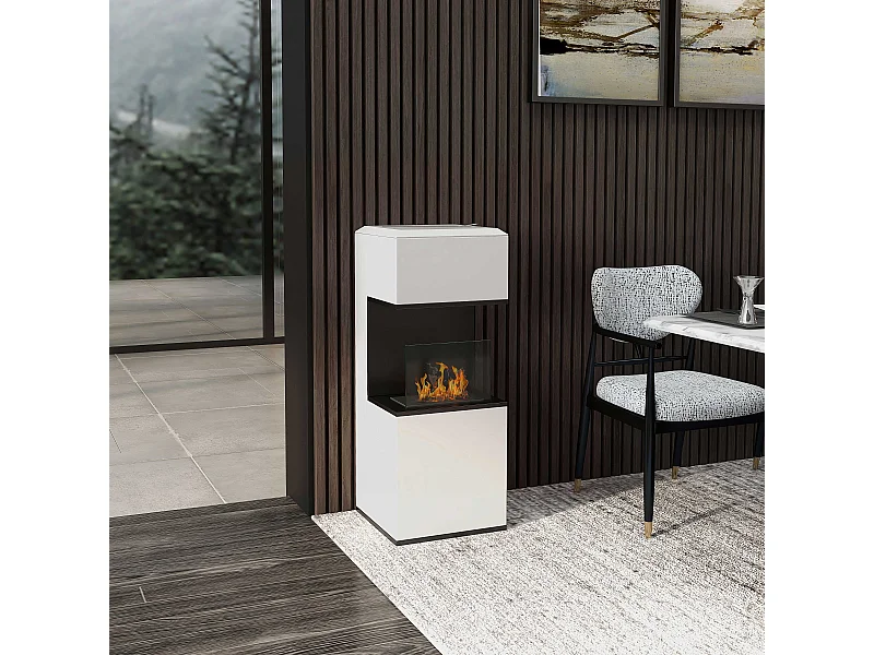 Cheminée bioéthanol design - brûleur 1,2L - contrôle de flamme, manche inclus - verre trempé acier blanc noir