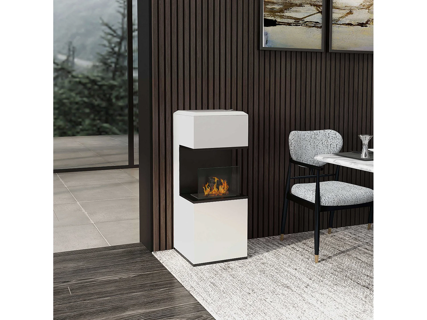 Cheminée bioéthanol design - brûleur 1,2L - contrôle de flamme, manche inclus - verre trempé acier blanc noir