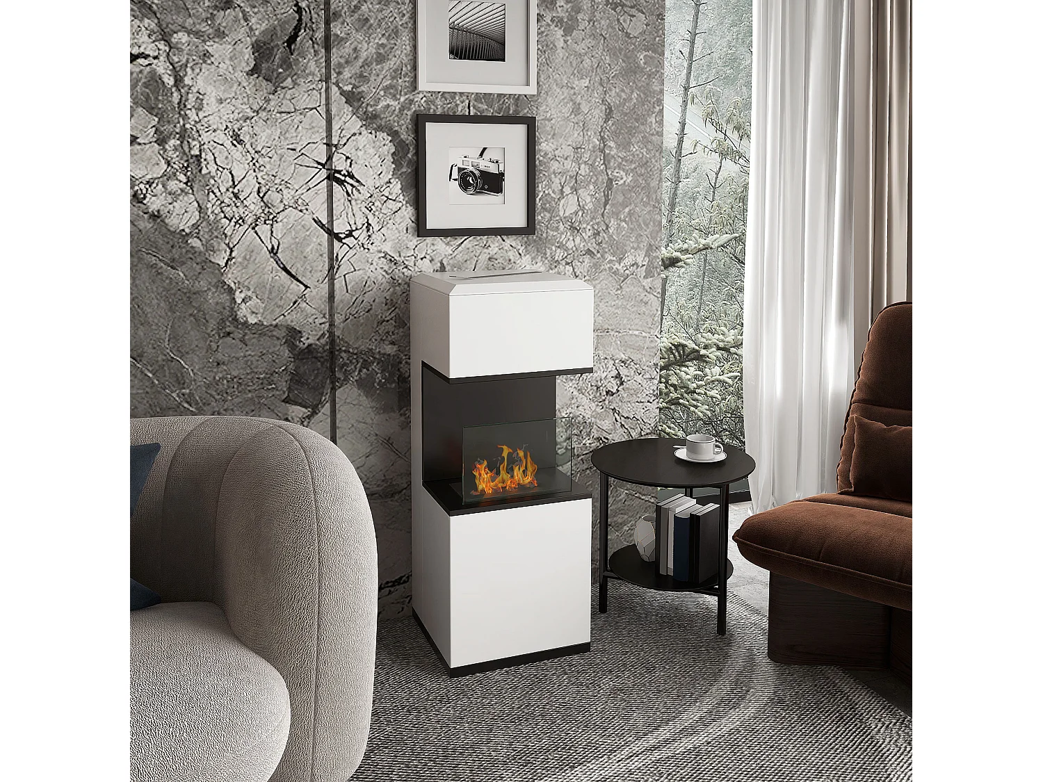 Cheminée bioéthanol design - brûleur 1,2L - contrôle de flamme, manche inclus - verre trempé acier blanc noir