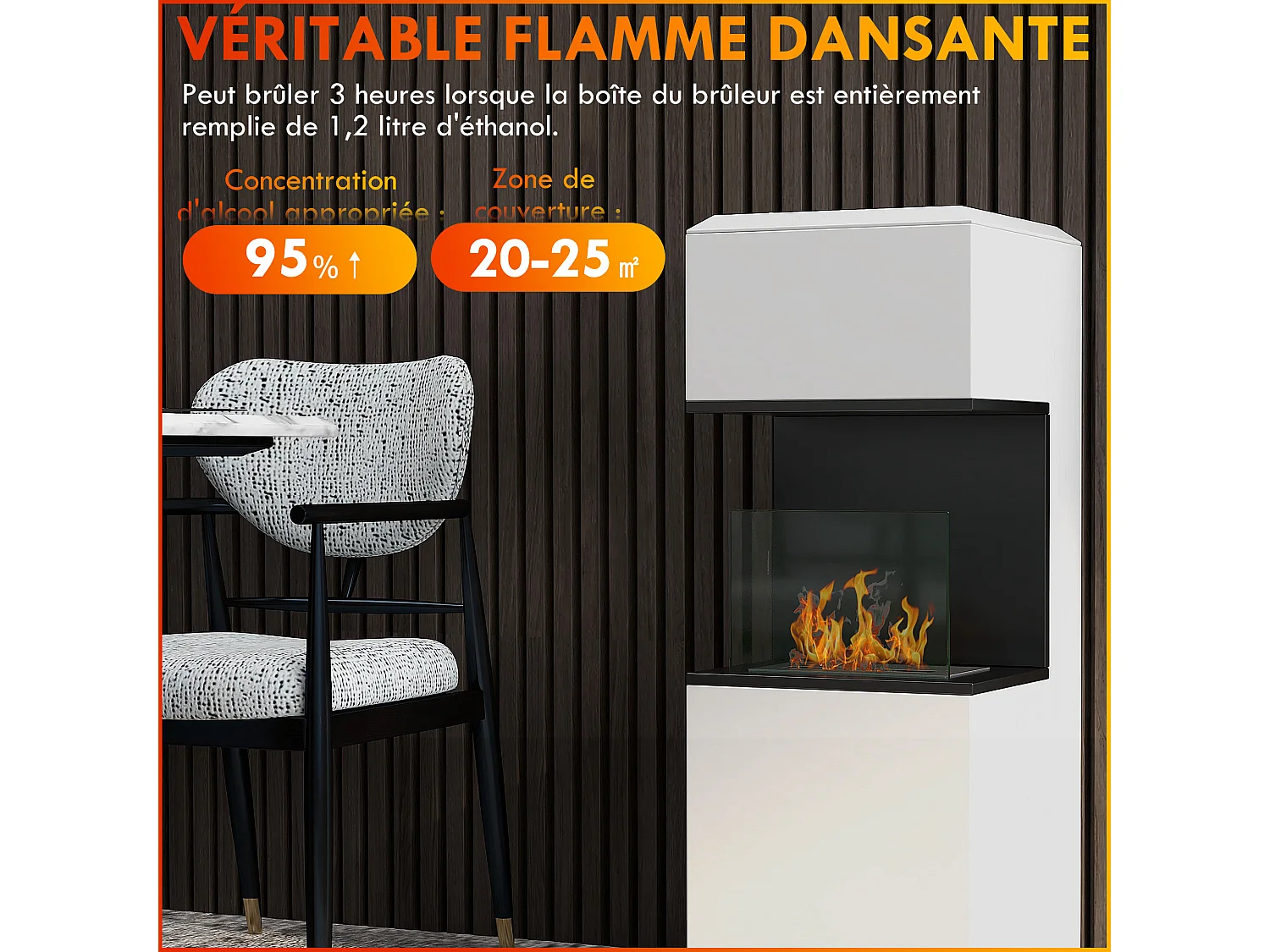 Cheminée bioéthanol design - brûleur 1,2L - contrôle de flamme, manche inclus - verre trempé acier blanc noir